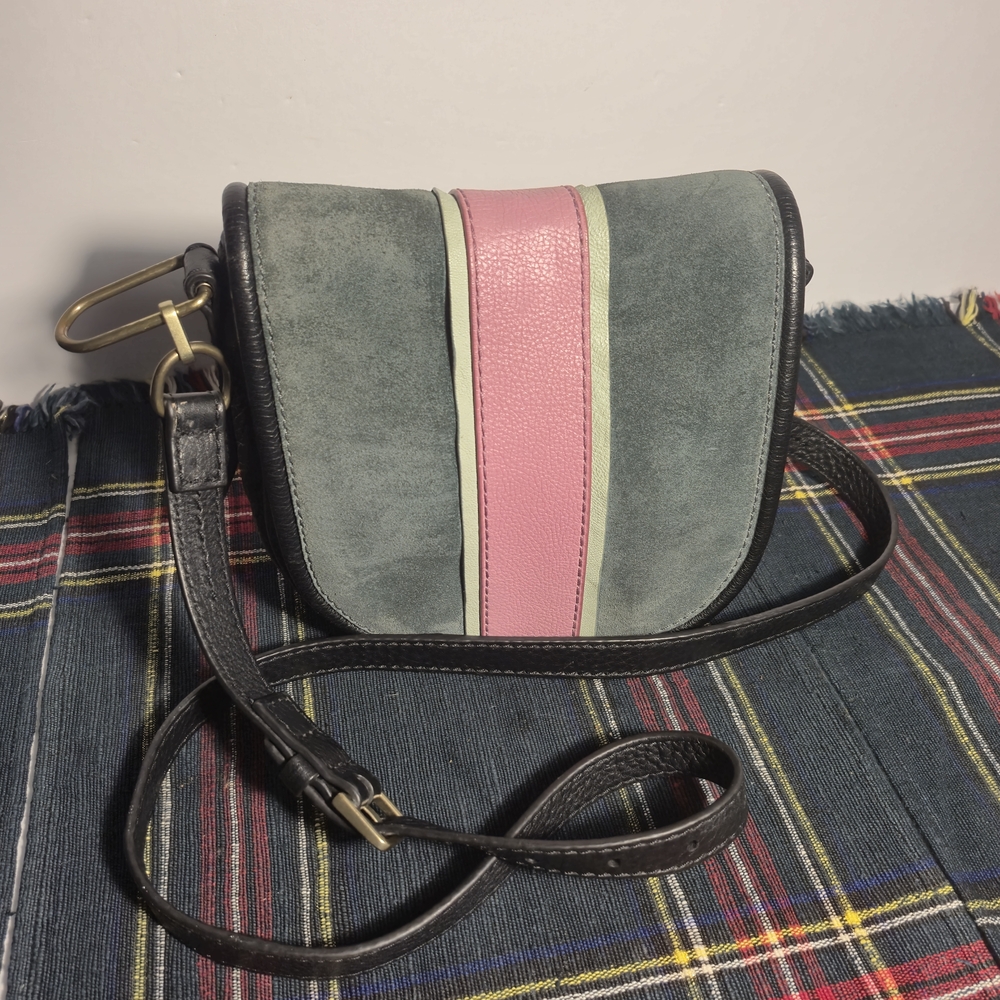 Fossil Rumi Green And Pink Striped Suede Leather Flap Crossbody Bag